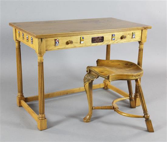 A Stewart Linford HMS Victory Admirals Collection oak and copper chart table with matching saddle seat stool, W.3ft 6in. D.2ft H.2ft